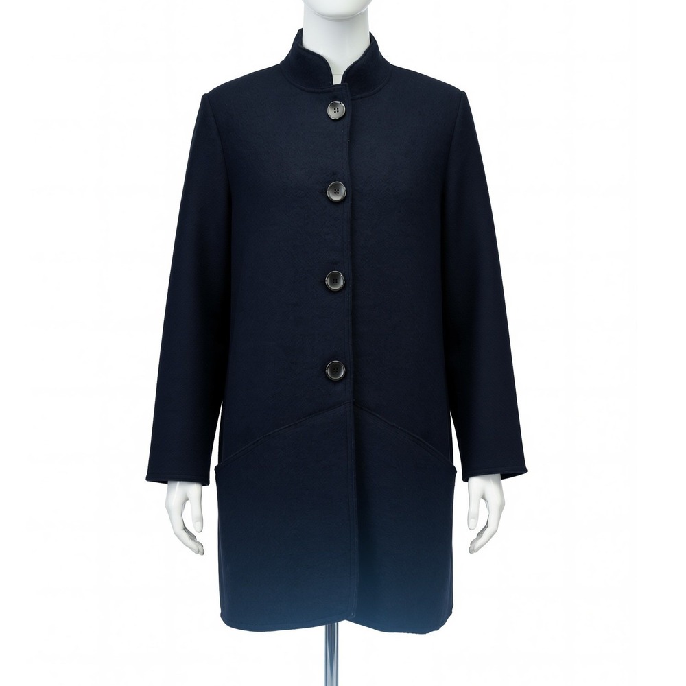 SAINT JAMES France Navy Blue Boiled Wool Mock Neck Button Front Coat Womens 10